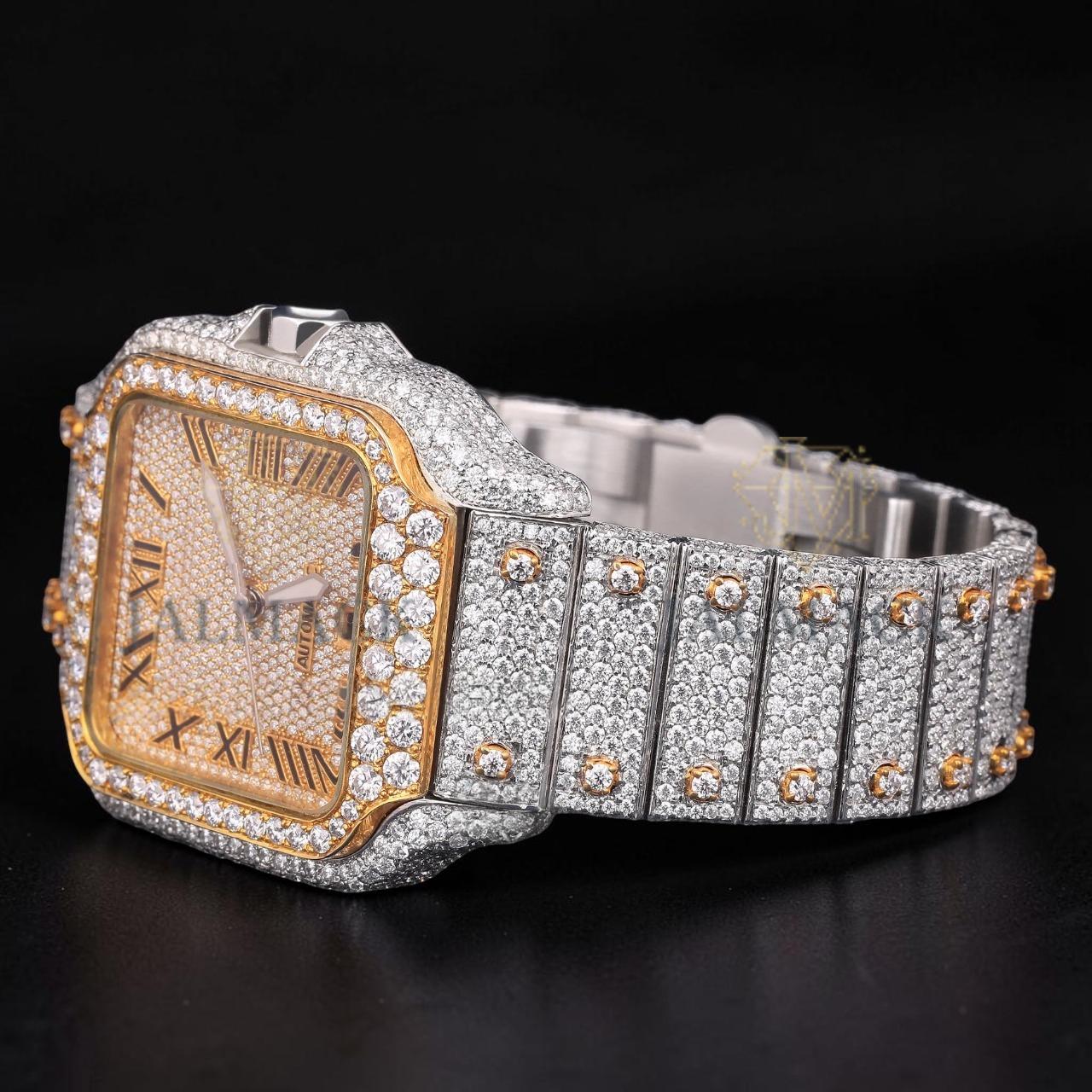 Luxury Two-Tone Roman Moissanite Automatic Date Watch VVS1 D Color Fully Iced Out