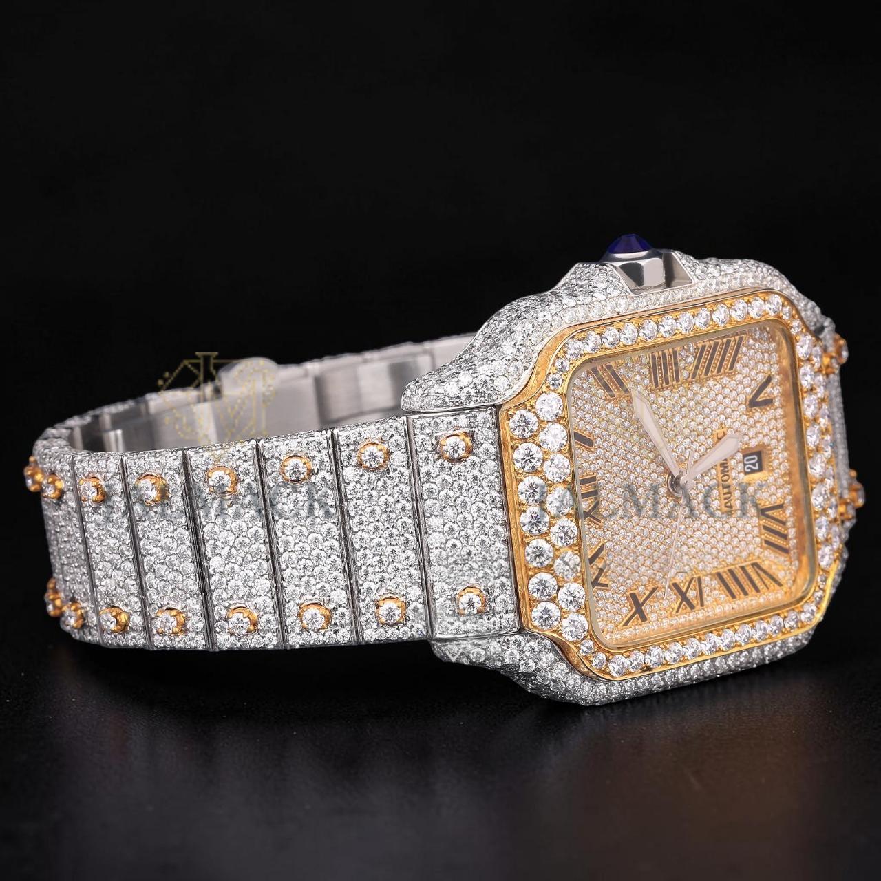 Luxury Two-Tone Roman Moissanite Automatic Date Watch VVS1 D Color Fully Iced Out