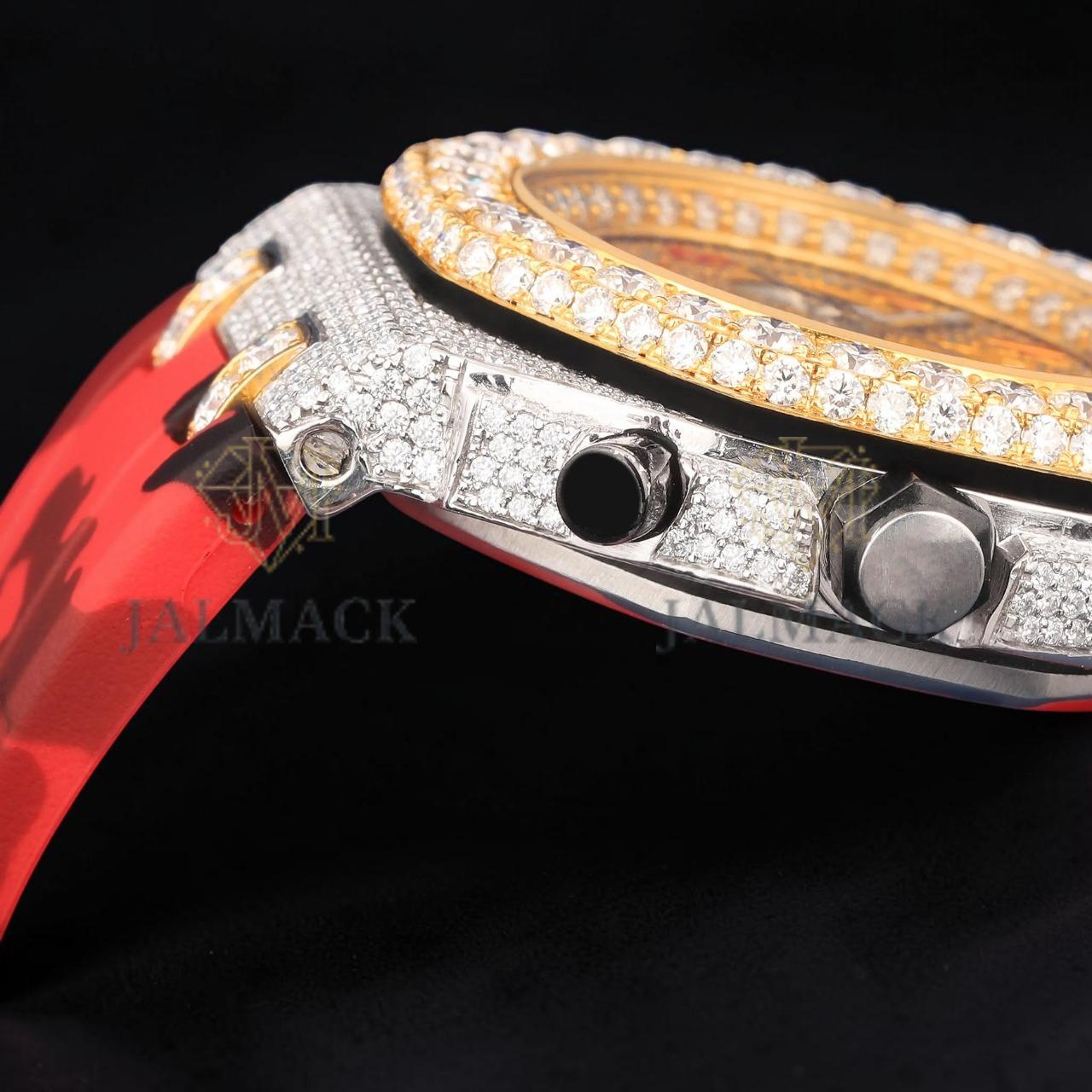 Luxury Two-Tone Moissanite Chronograph Watch With Red Camo Strap