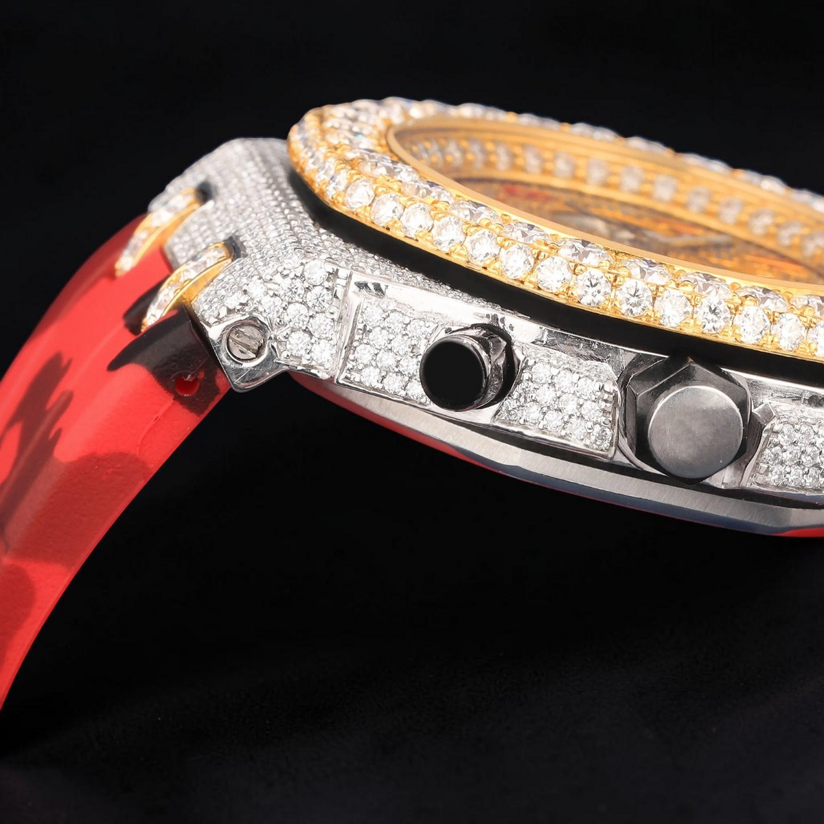 Luxury Two-Tone Moissanite Chronograph Watch With Red Camo Strap