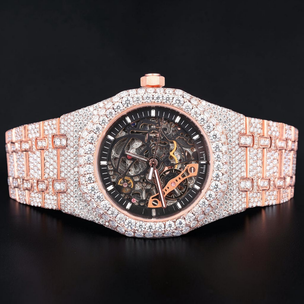41MM Skeleton Rose Gold Moissanite iced out Automatic Watch