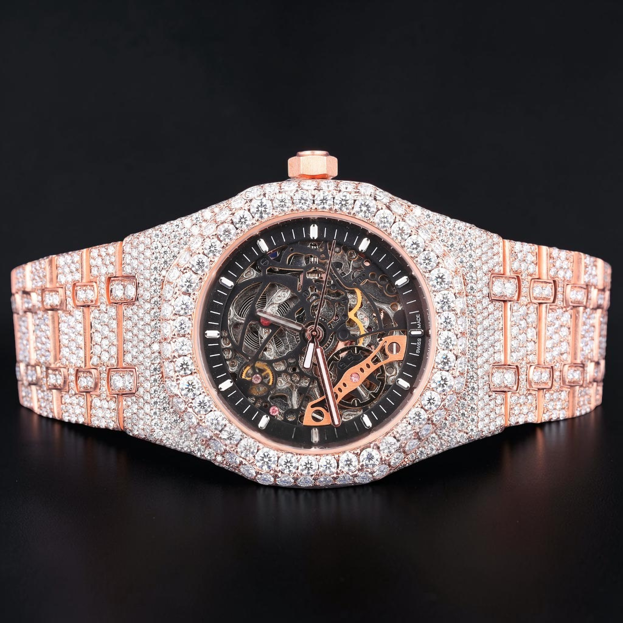 41MM Skeleton Rose Gold Moissanite iced out Automatic Watch