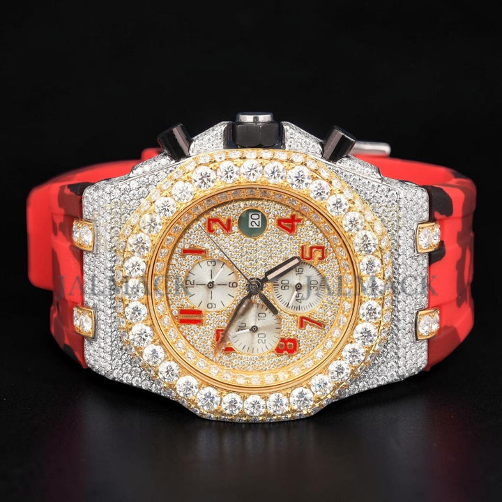 Luxury Two-Tone Moissanite Chronograph Watch With Red Camo Strap