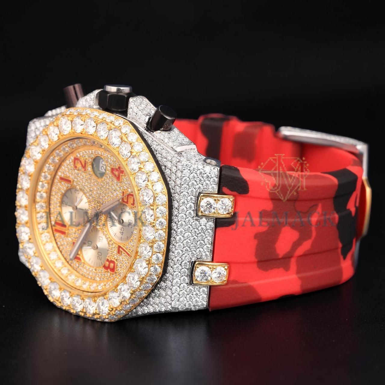Luxury Two-Tone Moissanite Chronograph Watch With Red Camo Strap