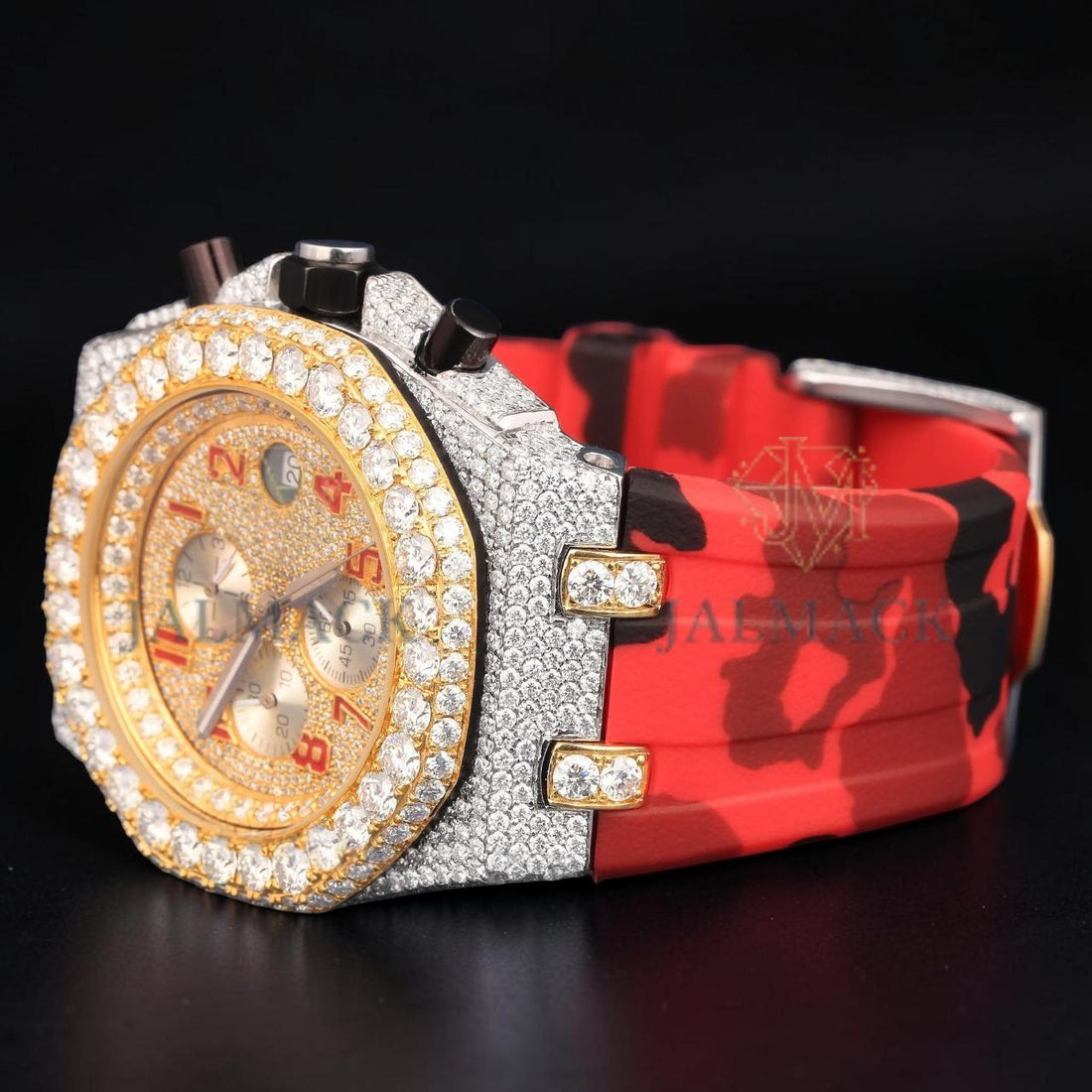 Luxury Two-Tone Moissanite Chronograph Watch With Red Camo Strap