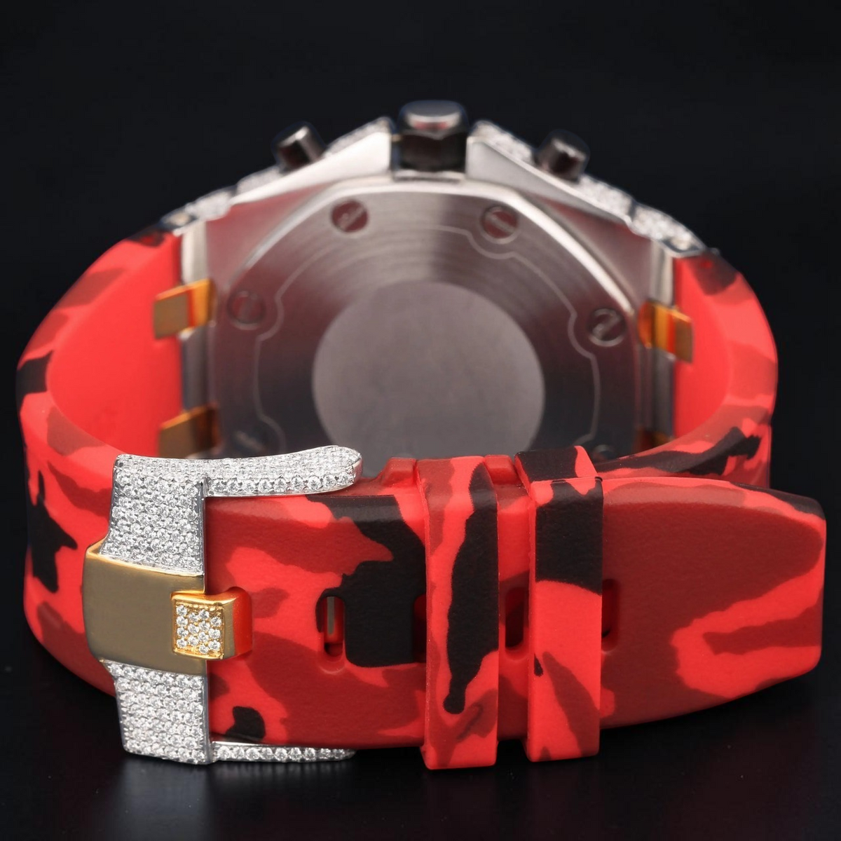 Luxury Two-Tone Moissanite Chronograph Watch With Red Camo Strap
