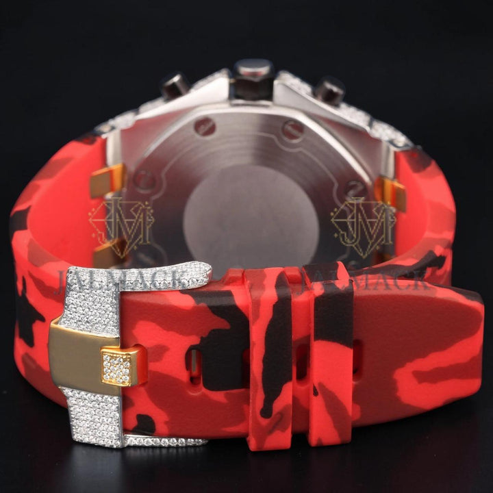 Luxury Two-Tone Moissanite Chronograph Watch With Red Camo Strap