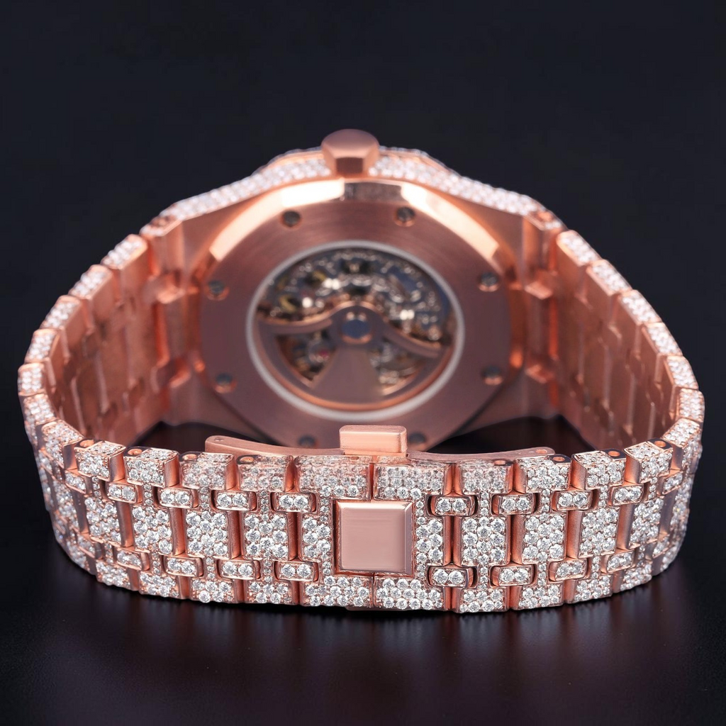 41MM Skeleton Rose Gold Moissanite iced out Automatic Watch