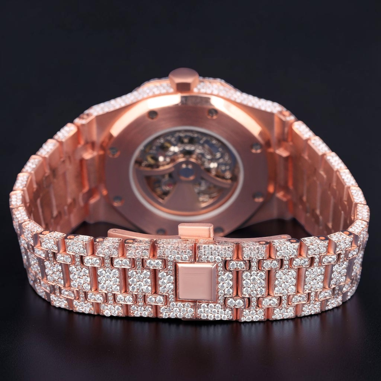 41MM Skeleton Rose Gold Moissanite iced out Automatic Watch