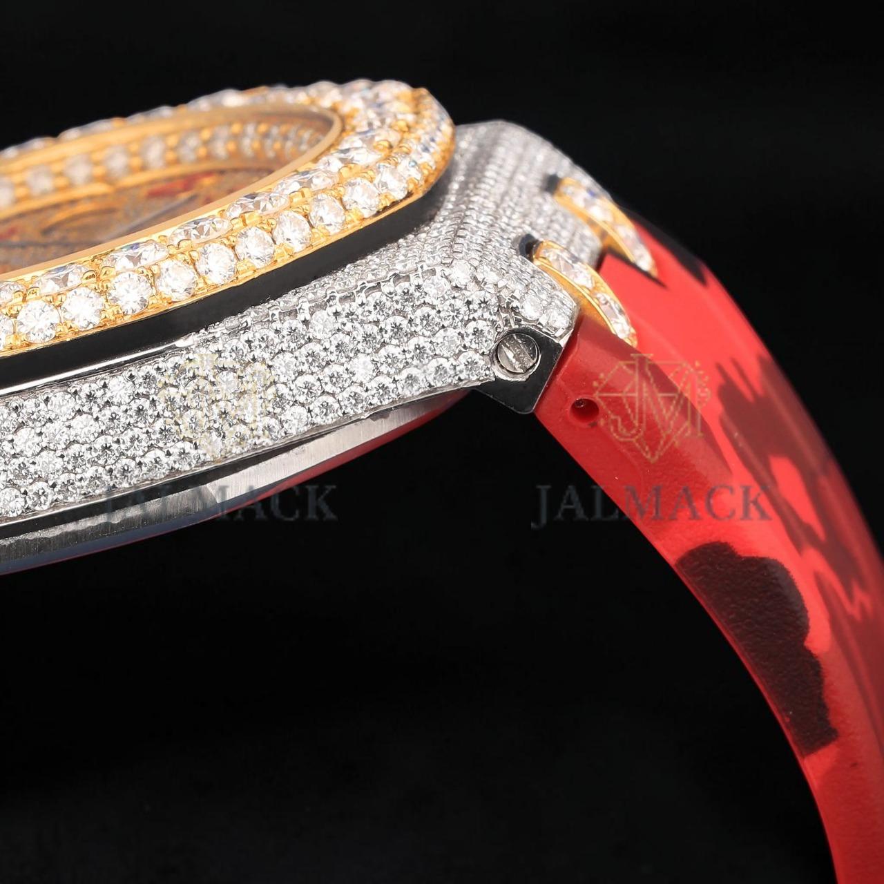 Luxury Two-Tone Moissanite Chronograph Watch With Red Camo Strap