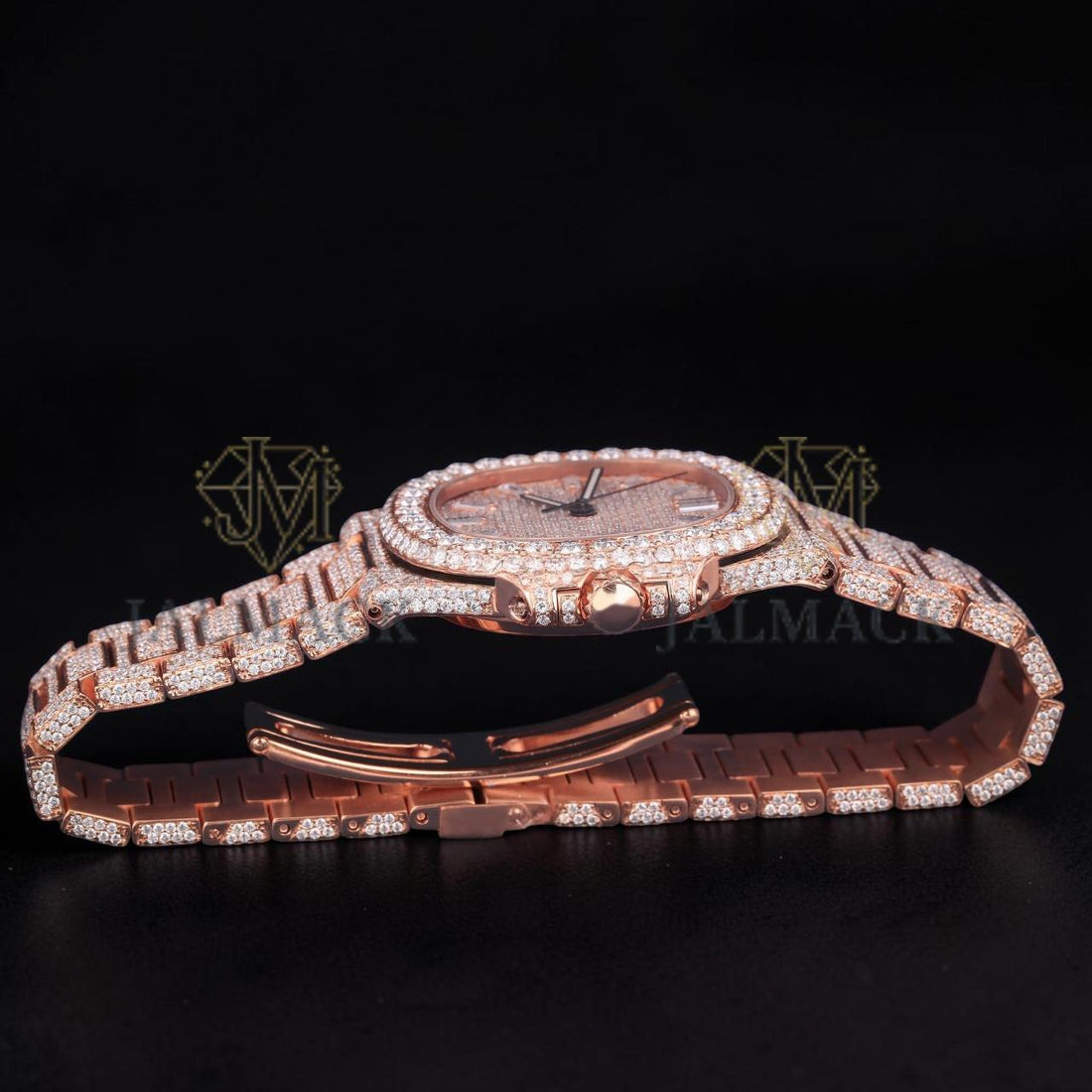 Luxury Rose Gold Baguette Moissanite Automatic Date Watch VVS1 D Color