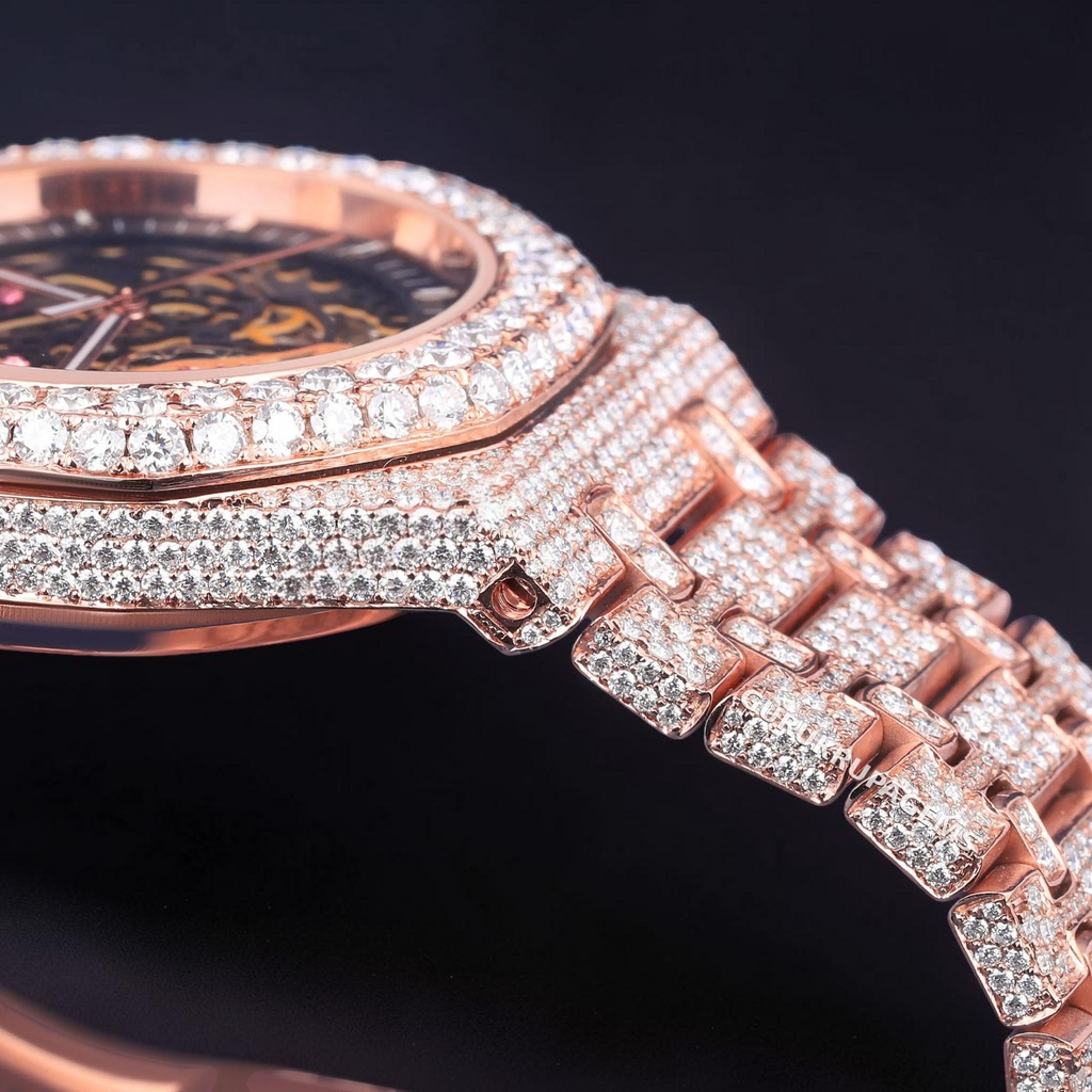 41MM Skeleton Rose Gold Moissanite iced out Automatic Watch