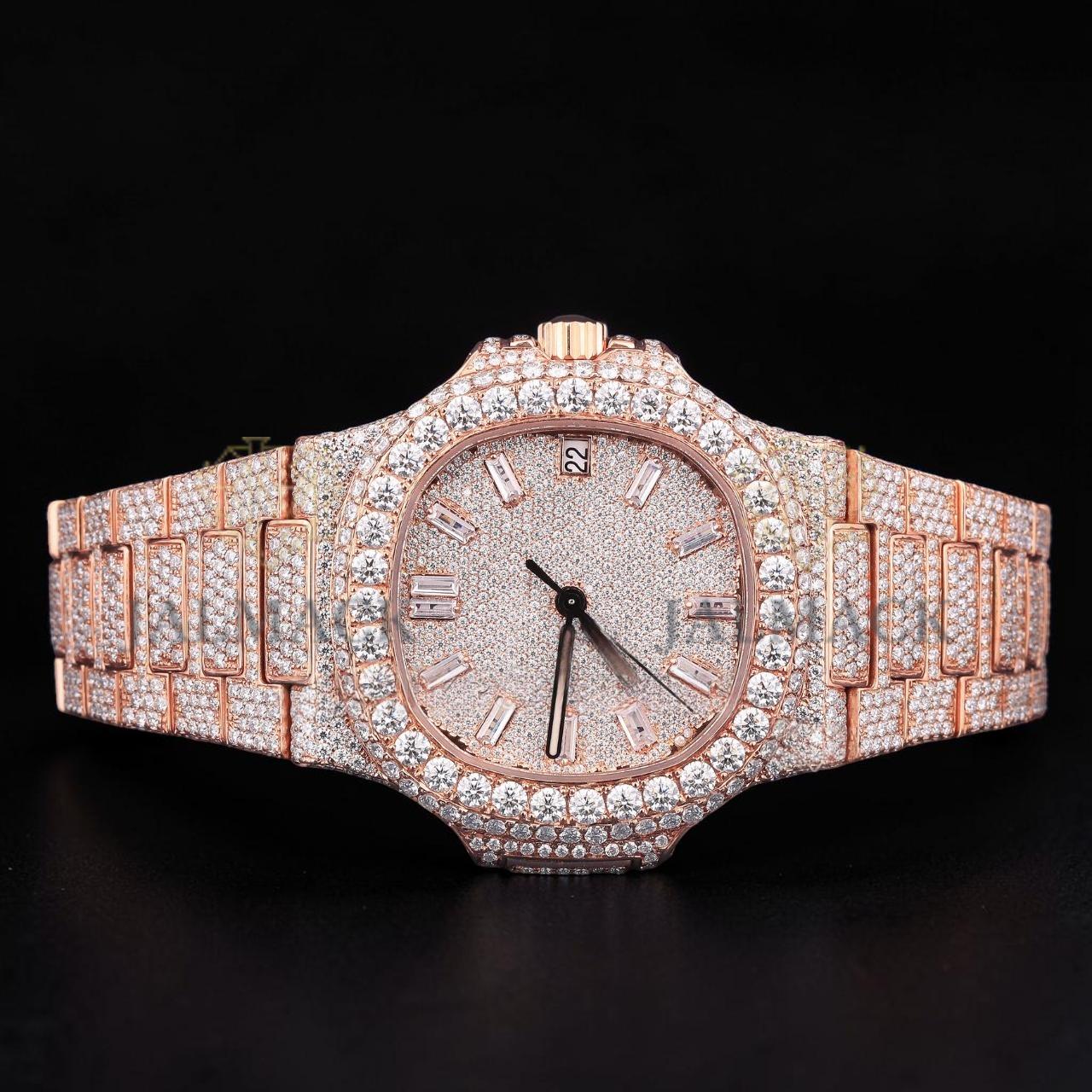 Luxury Rose Gold Baguette Moissanite Automatic Date Watch VVS1 D Color