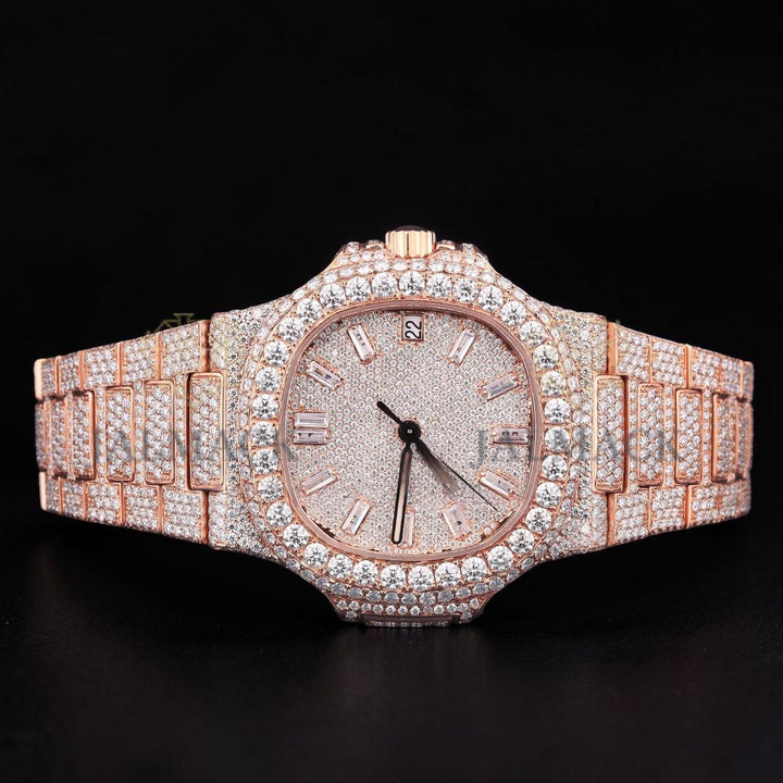 Luxury Rose Gold Baguette Moissanite Automatic Date Watch VVS1 D Color