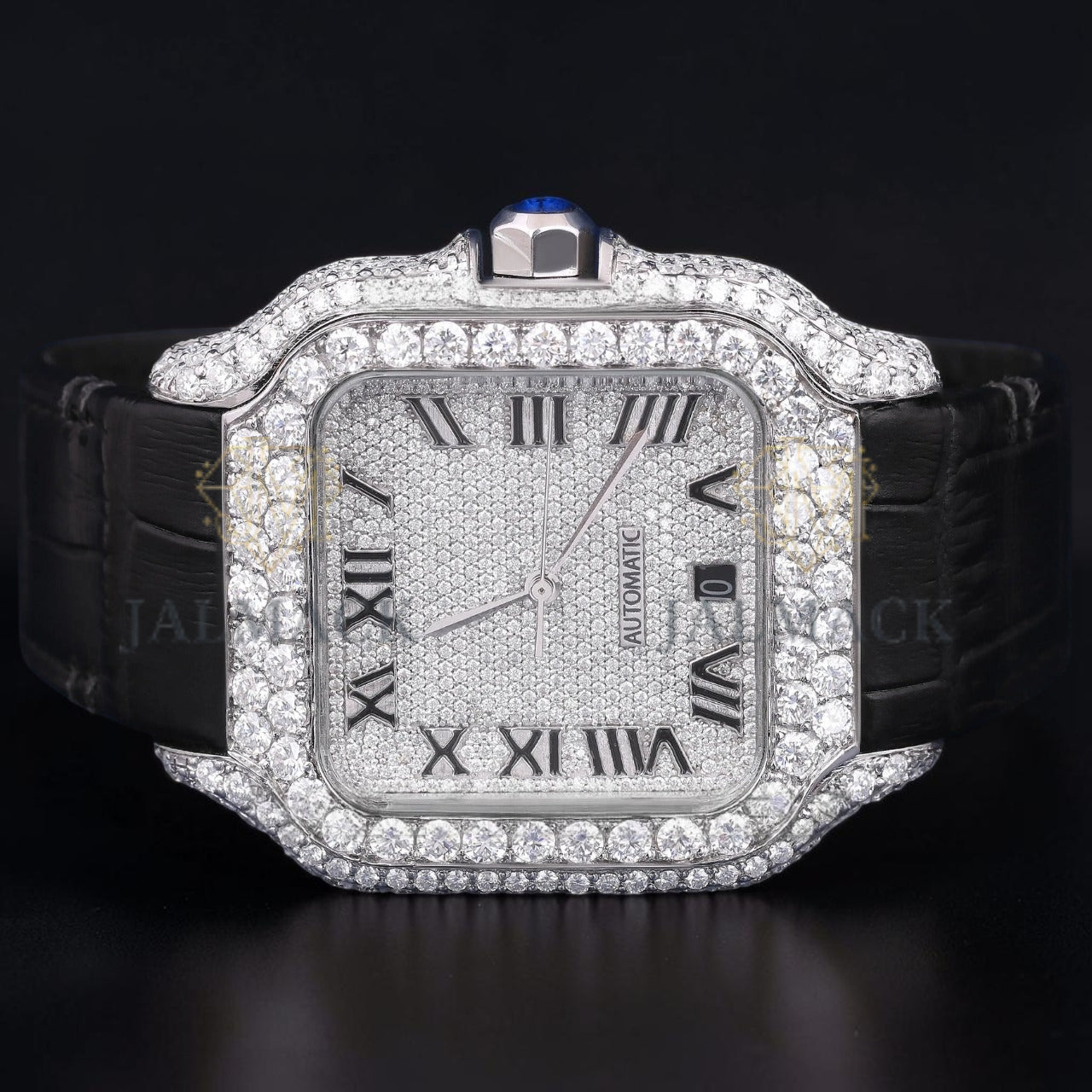 Luxury Black Leather Moissanite Watch VVS1 D Color