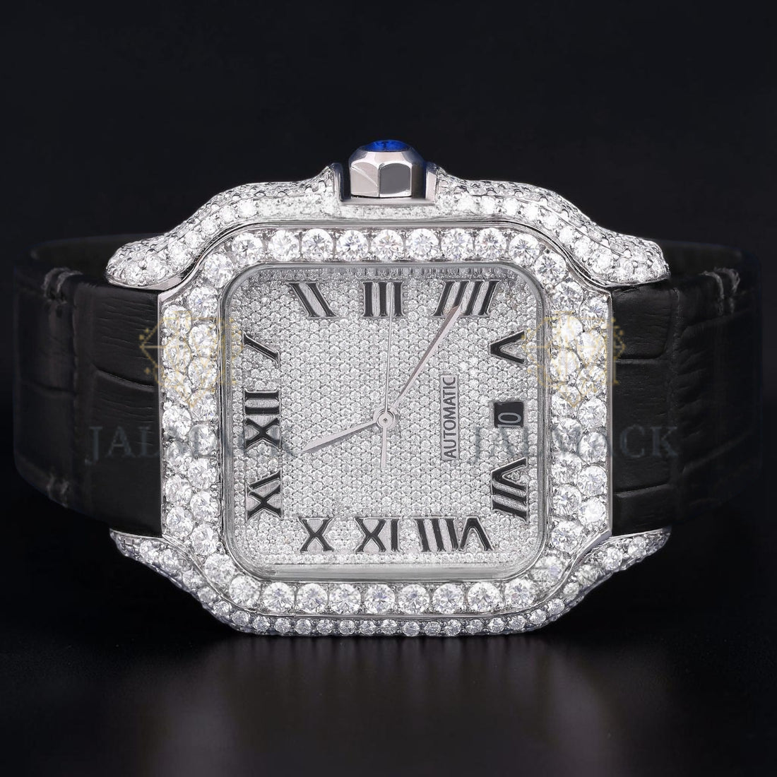 Luxury Black Leather Moissanite Watch VVS1 D Color