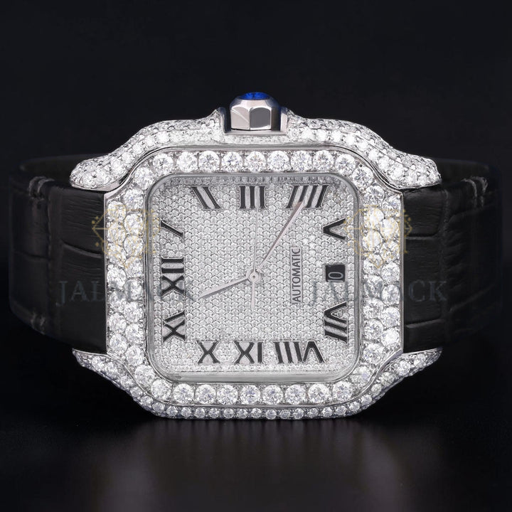 Luxury Black Leather Moissanite Watch VVS1 D Color