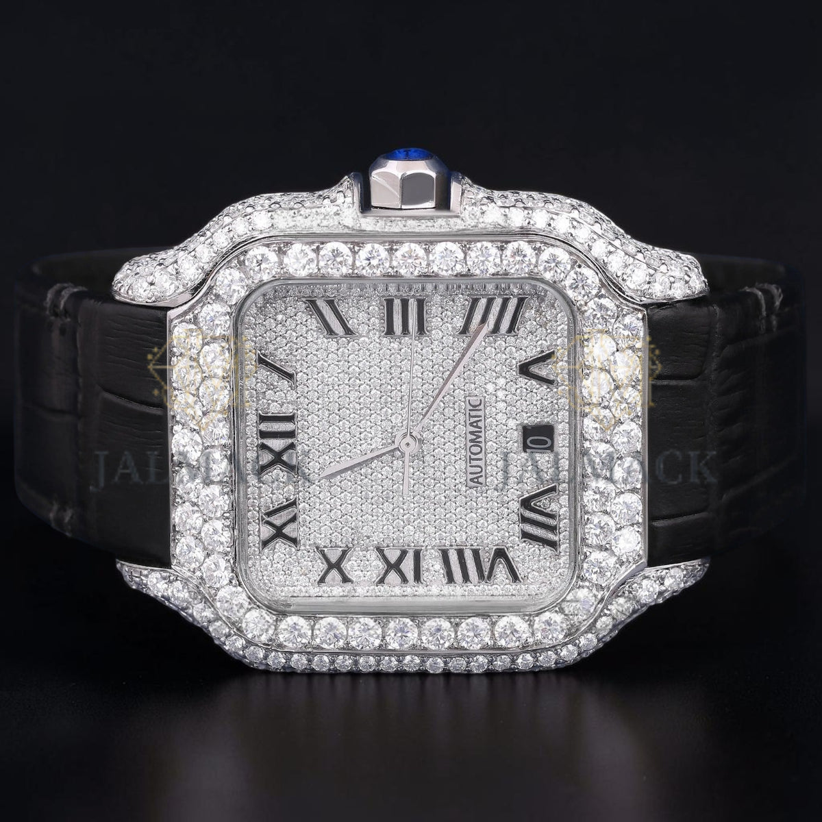 Luxury Black Leather Moissanite Watch VVS1 D Color