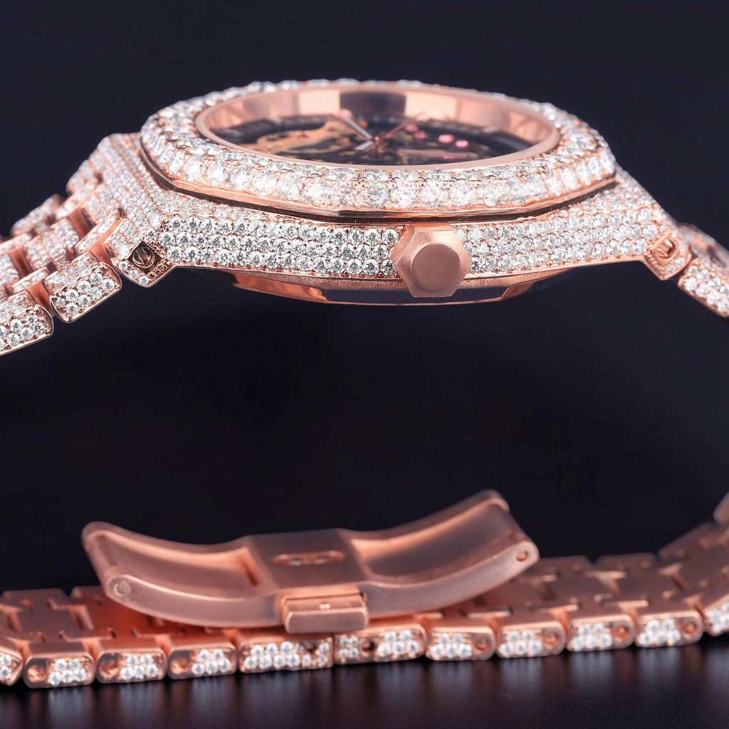 41MM Skeleton Rose Gold Moissanite iced out Automatic Watch