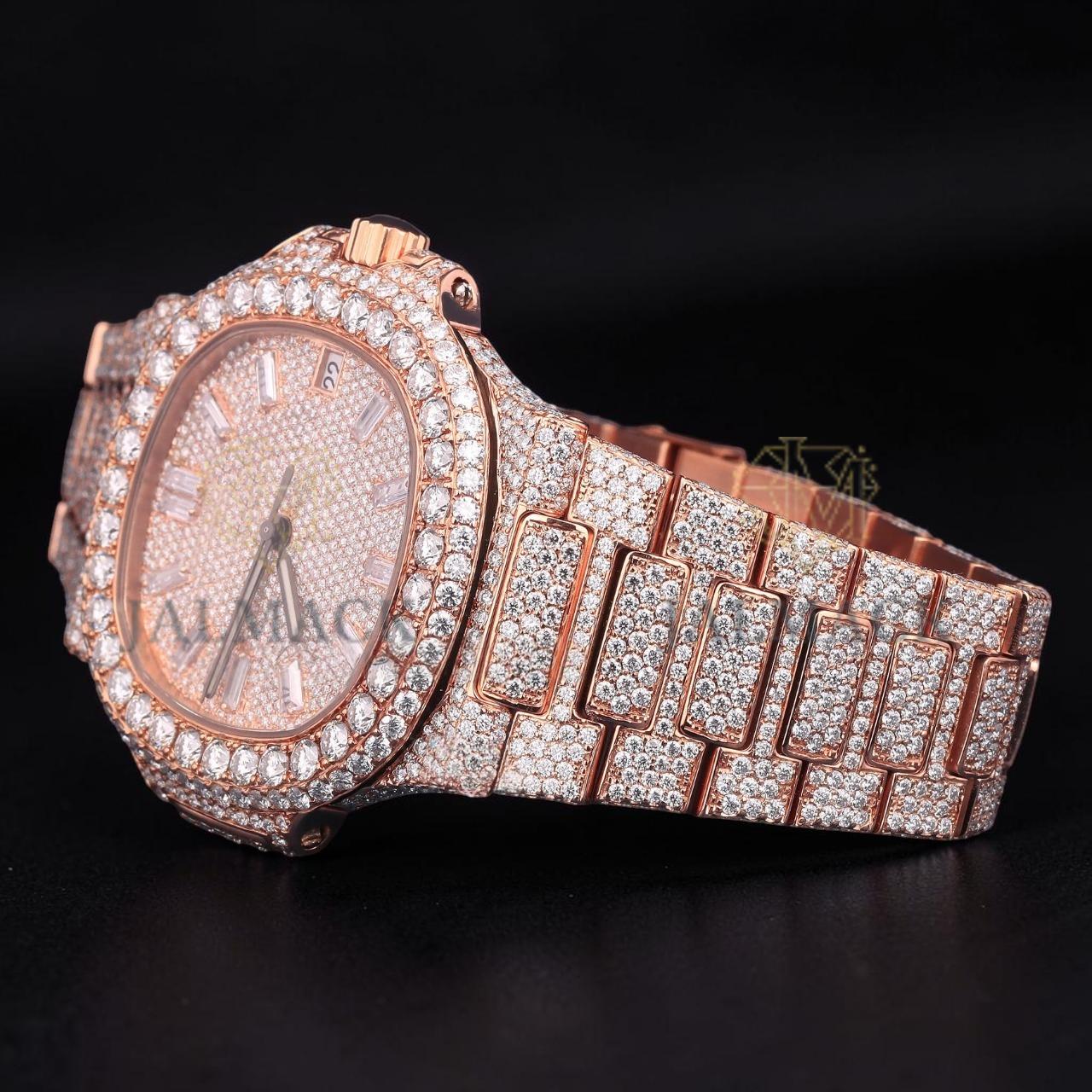 Luxury Rose Gold Baguette Moissanite Automatic Date Watch VVS1 D Color