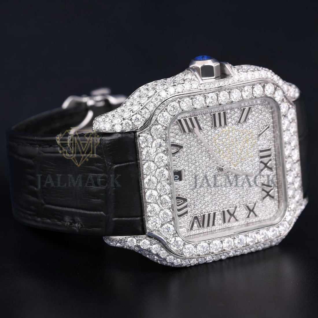 Luxury Black Leather Moissanite Watch VVS1 D Color