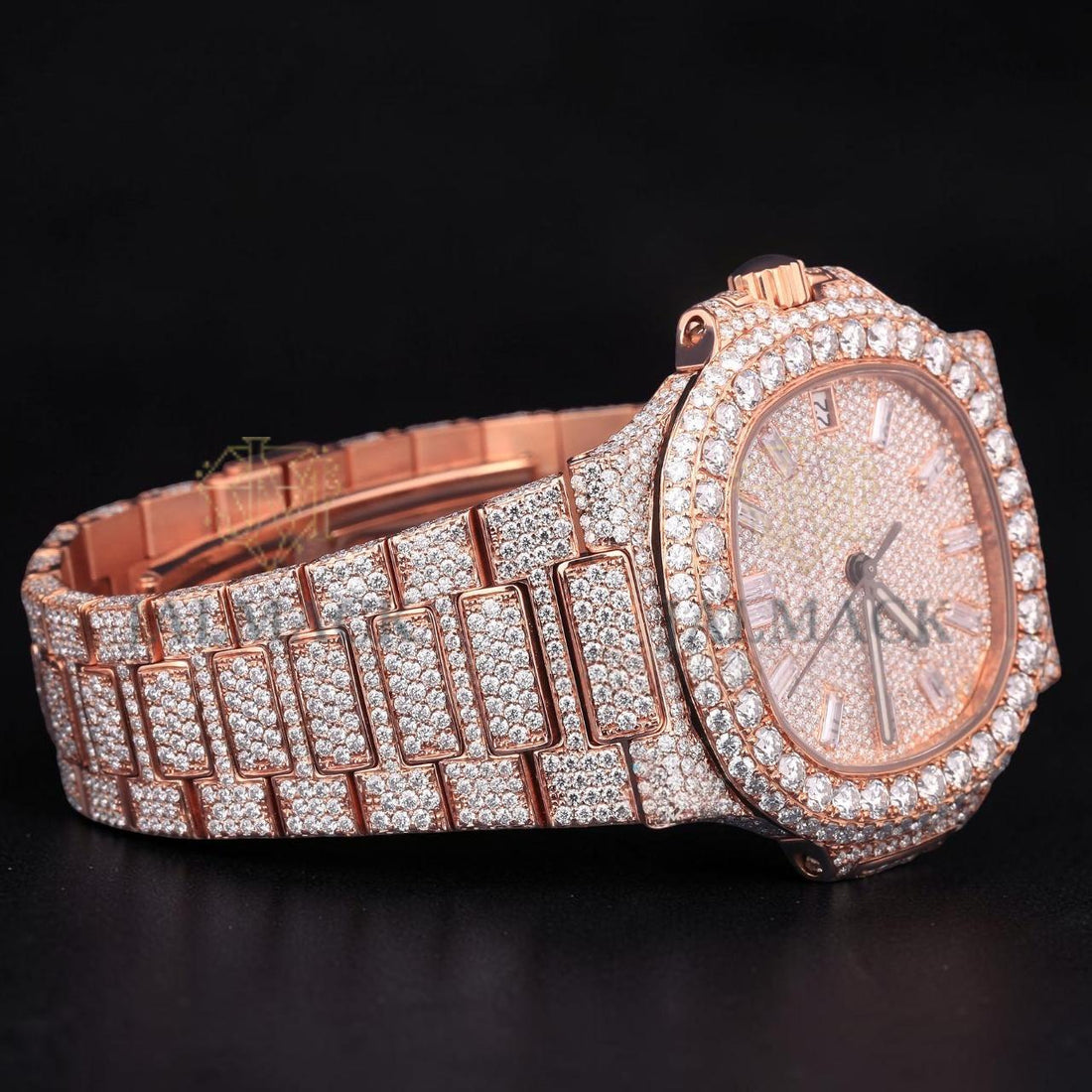 Luxury Rose Gold Baguette Moissanite Automatic Date Watch VVS1 D Color