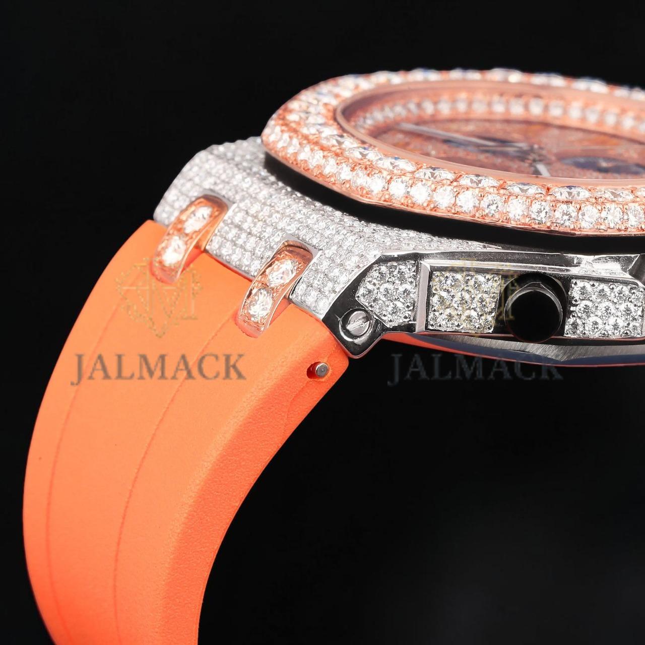 Luxury Orange Chronograph Moissanite Watch VVS1 D Color