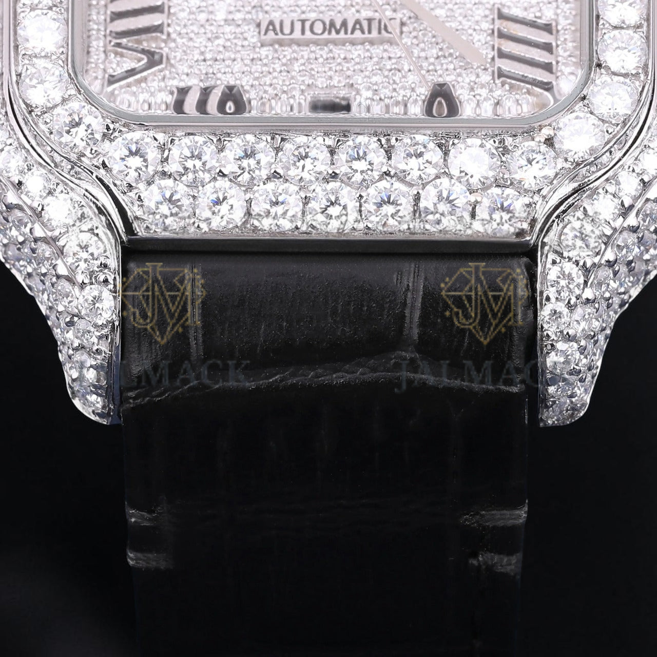 Luxury Black Leather Moissanite Watch VVS1 D Color