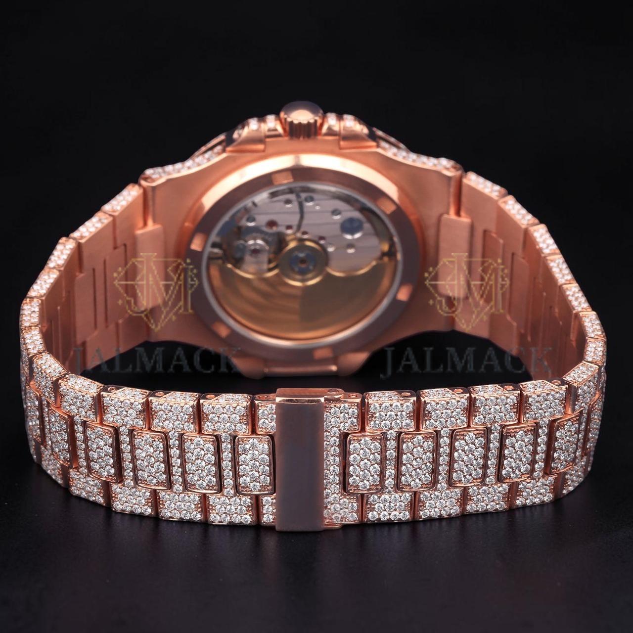 Luxury Rose Gold Baguette Moissanite Automatic Date Watch VVS1 D Color