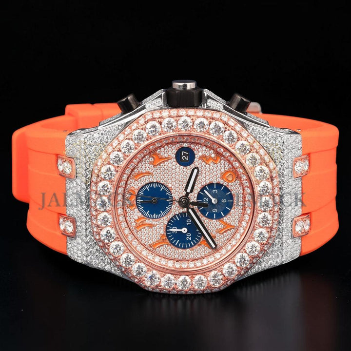 Luxury Orange Chronograph Moissanite Watch VVS1 D Color