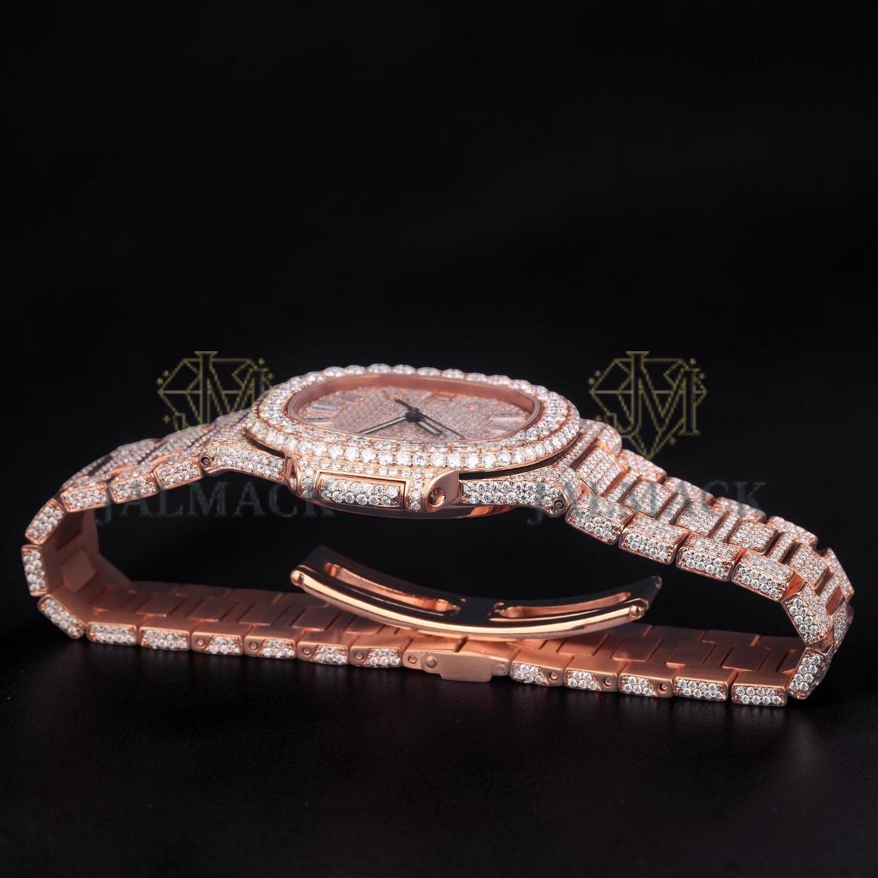 Luxury Rose Gold Baguette Moissanite Automatic Date Watch VVS1 D Color