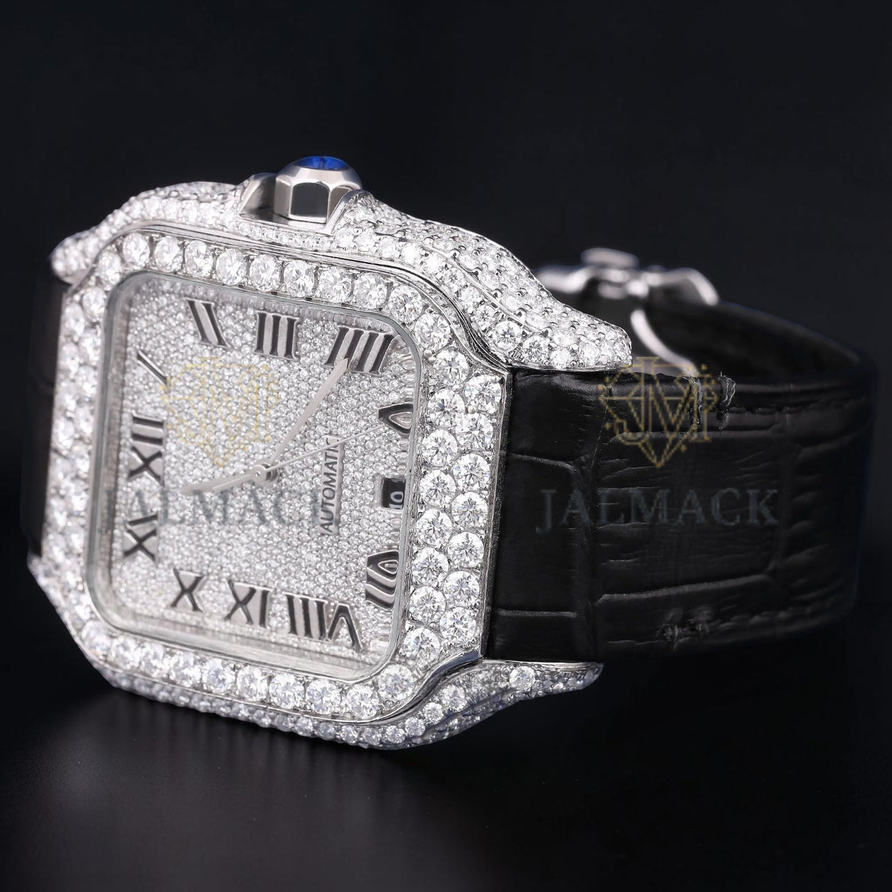 Luxury Black Leather Moissanite Watch VVS1 D Color