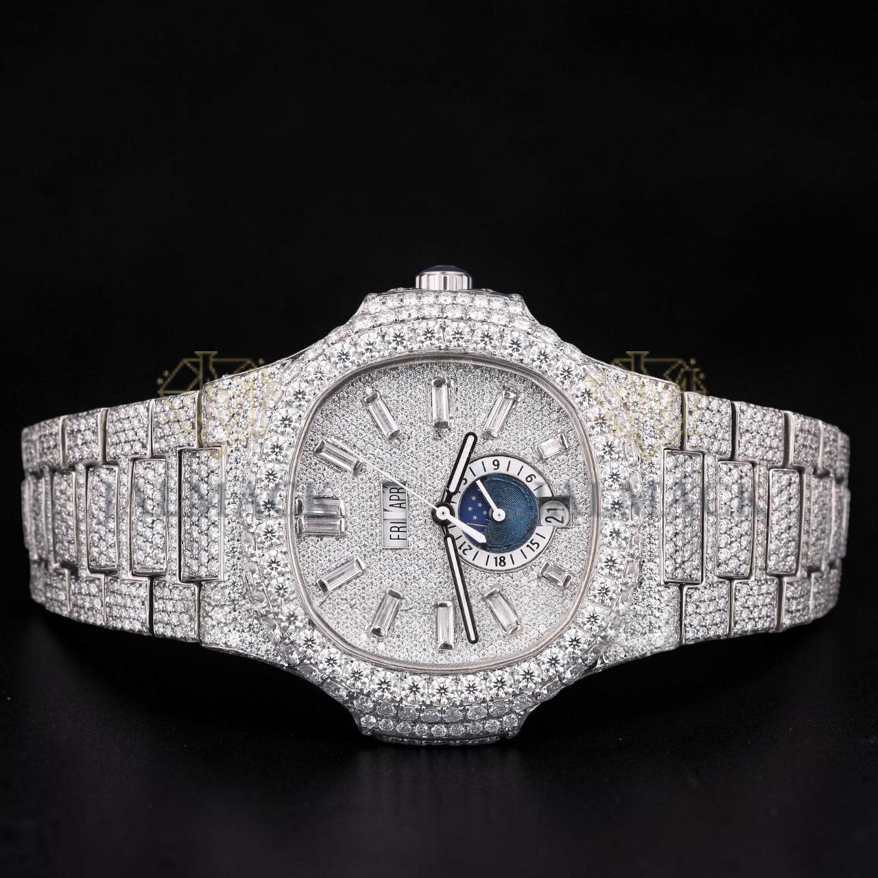 Luxury Silver Baguette Moissanite Automatic Watch VVS1 D Color Fully Iced Out