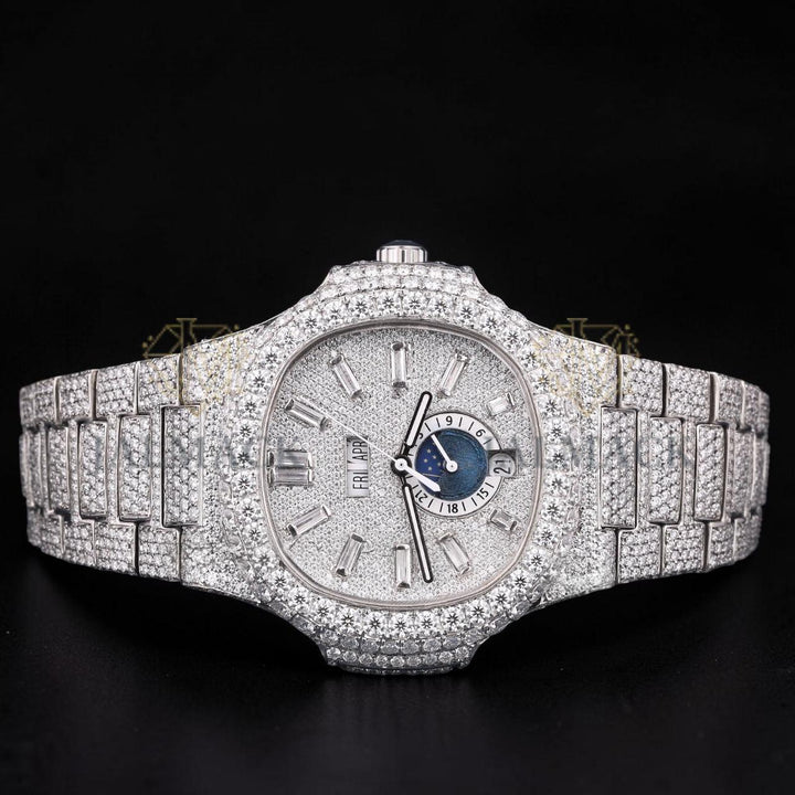 Luxury Silver Baguette Moissanite Automatic Watch VVS1 D Color Fully Iced Out