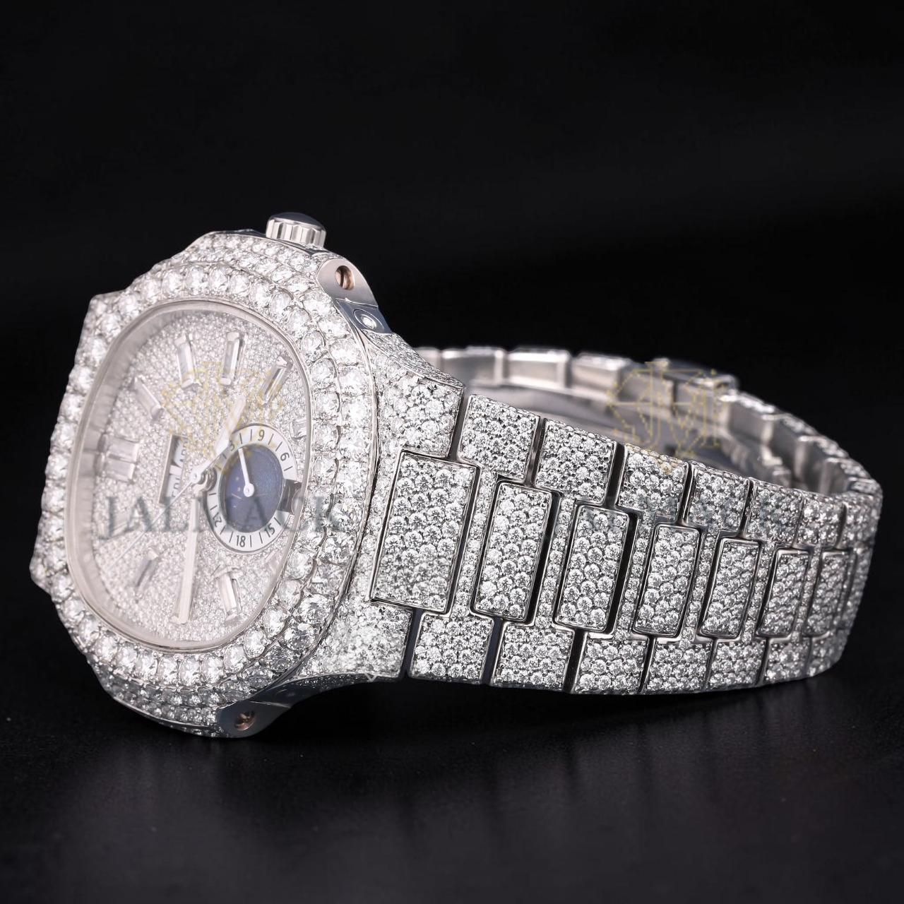 Luxury Silver Baguette Moissanite Automatic Watch VVS1 D Color Fully Iced Out