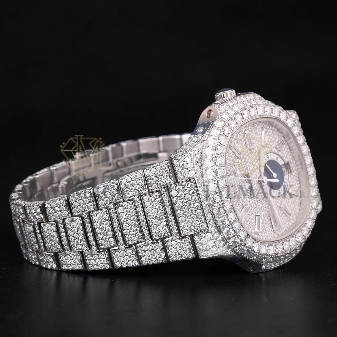 Luxury Silver Baguette Moissanite Automatic Watch VVS1 D Color Fully Iced Out