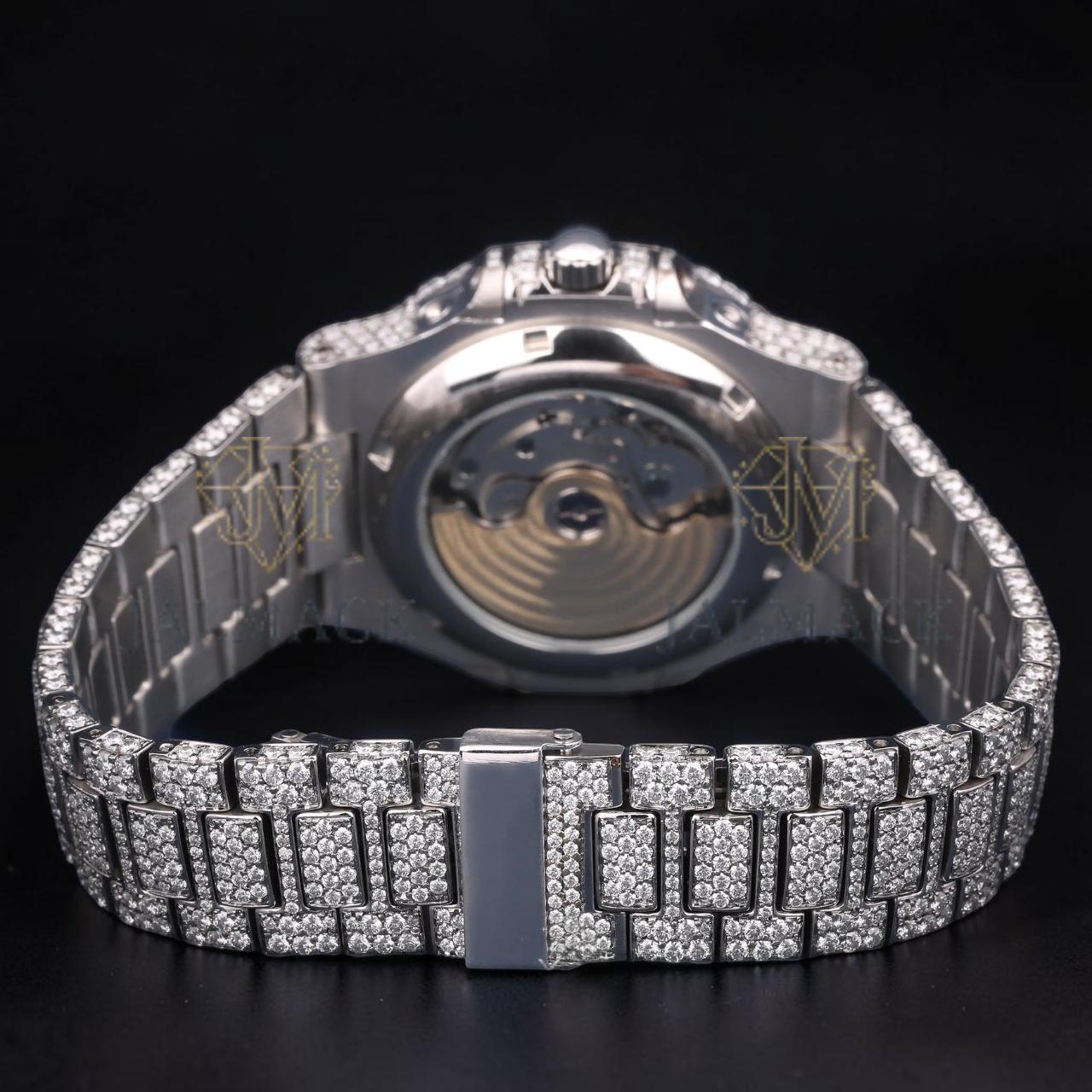 Luxury Silver Baguette Moissanite Automatic Watch VVS1 D Color Fully Iced Out