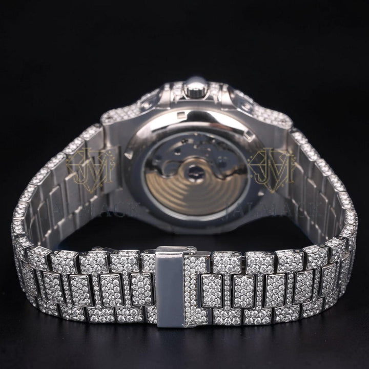 Luxury Silver Baguette Moissanite Automatic Watch VVS1 D Color Fully Iced Out
