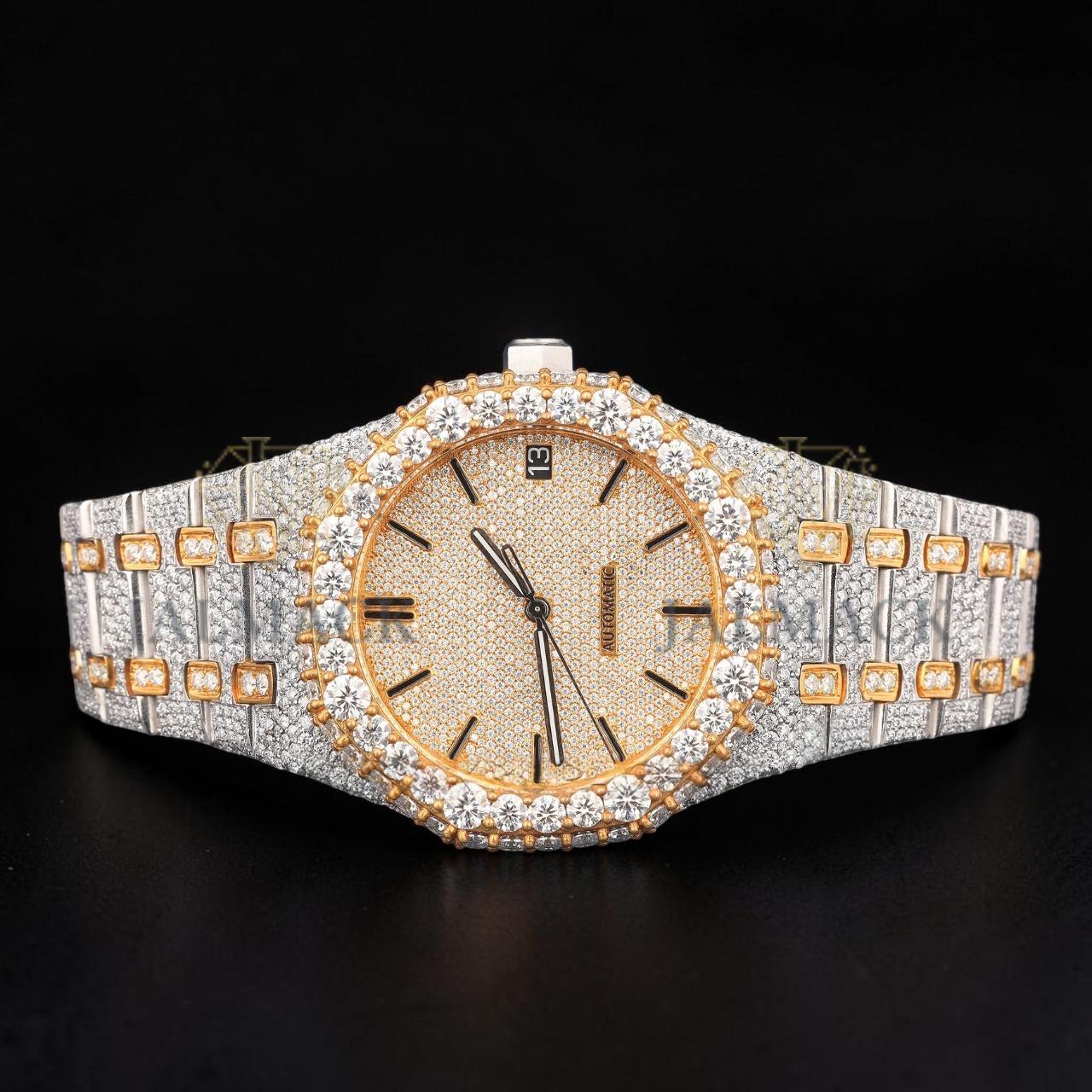 Luxury Two-Tone Moissanite Automatic Date Watch VVS1 D Color Fully Iced Out