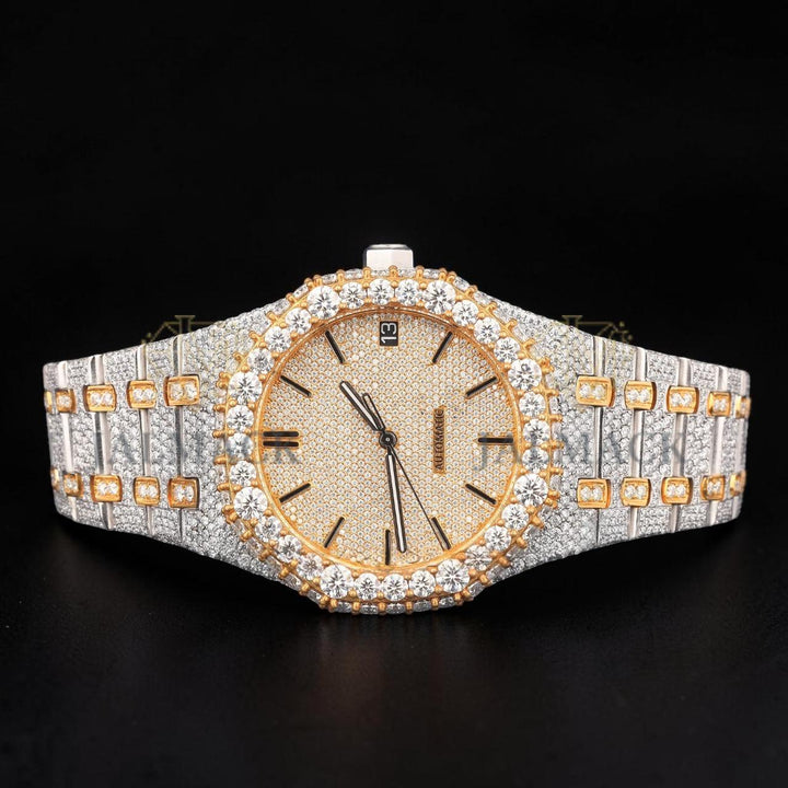 Luxury Two-Tone Moissanite Automatic Date Watch VVS1 D Color Fully Iced Out