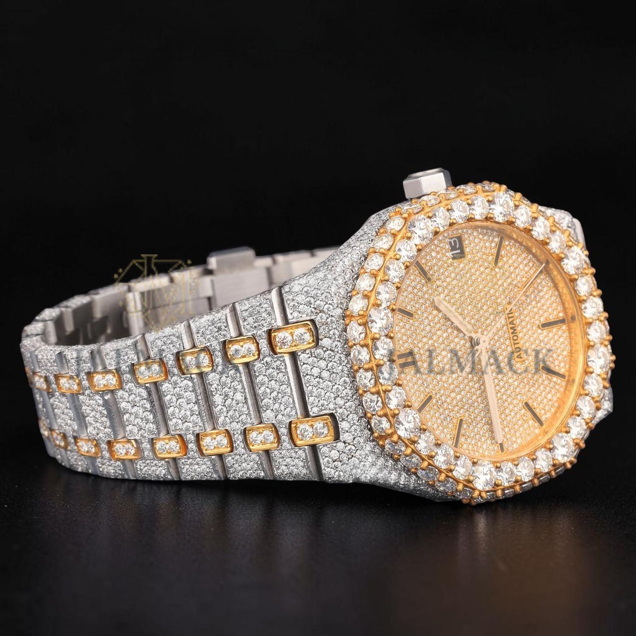 Luxury Two-Tone Moissanite Automatic Date Watch VVS1 D Color Fully Iced Out