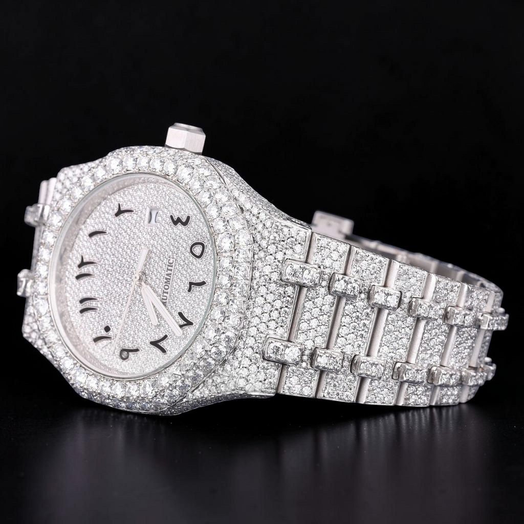 Arabic Dial White Gold VVS1 D Color Moissanite Diamond Automatic Watch