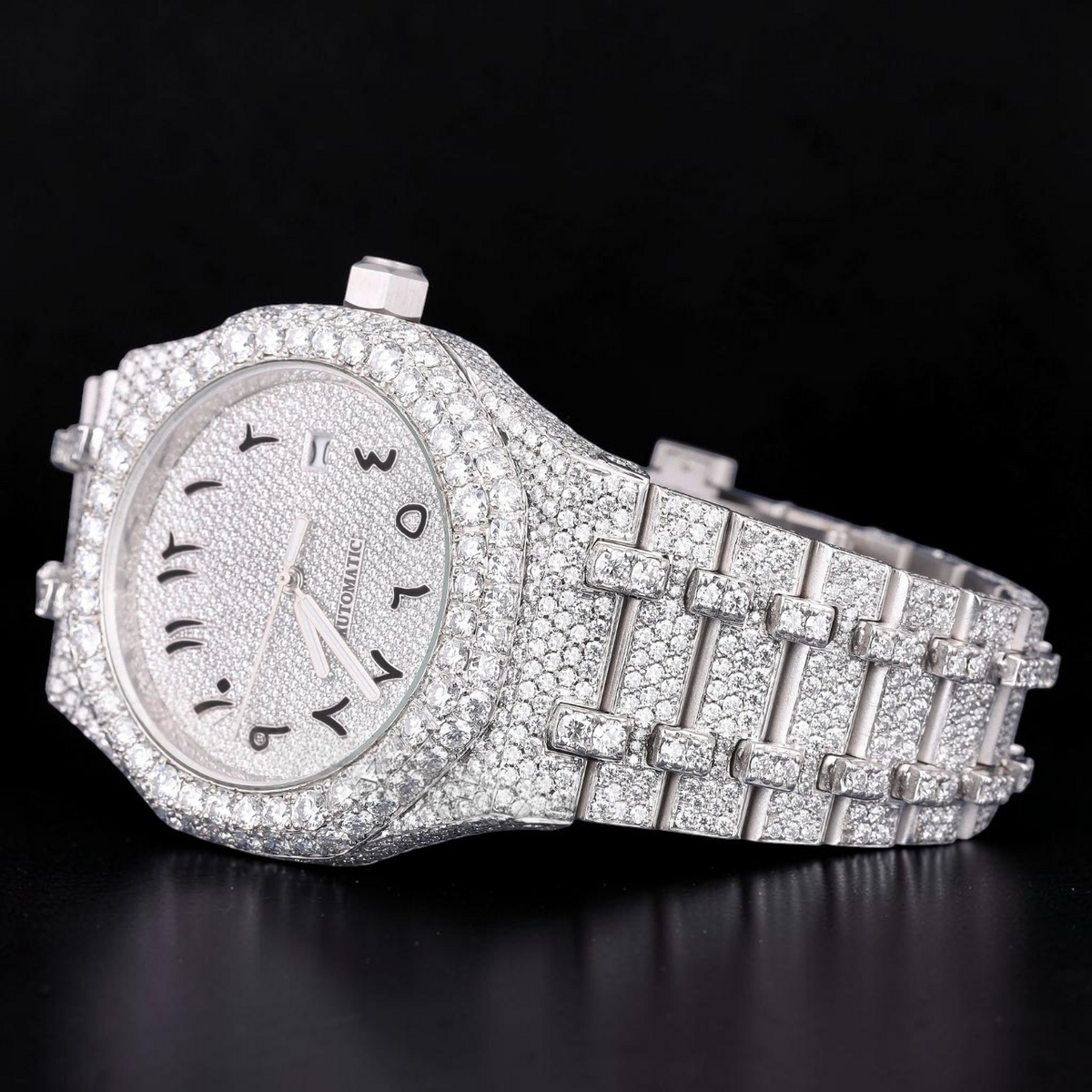 Arabic Dial White Gold VVS1 D Color Moissanite Diamond Automatic Watch