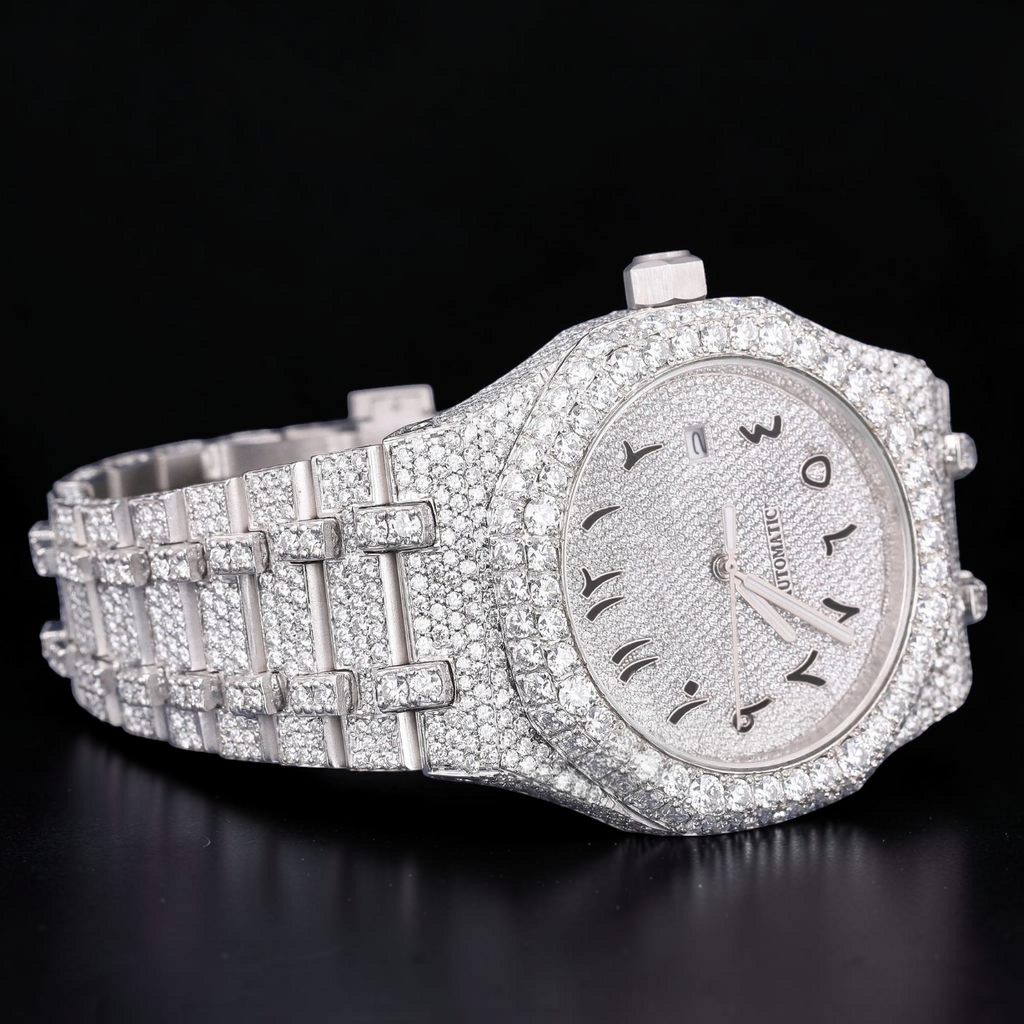 Arabic Dial White Gold VVS1 D Color Moissanite Diamond Automatic Watch