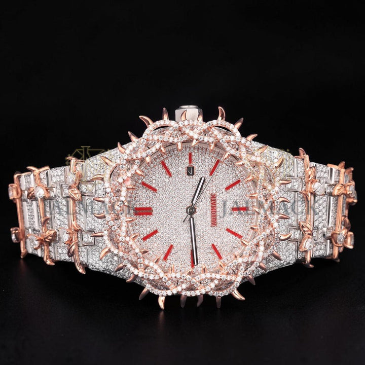 Luxury Rose Gold Thorn Moissanite Automatic Watch VVS1 D Color Fully Iced Out