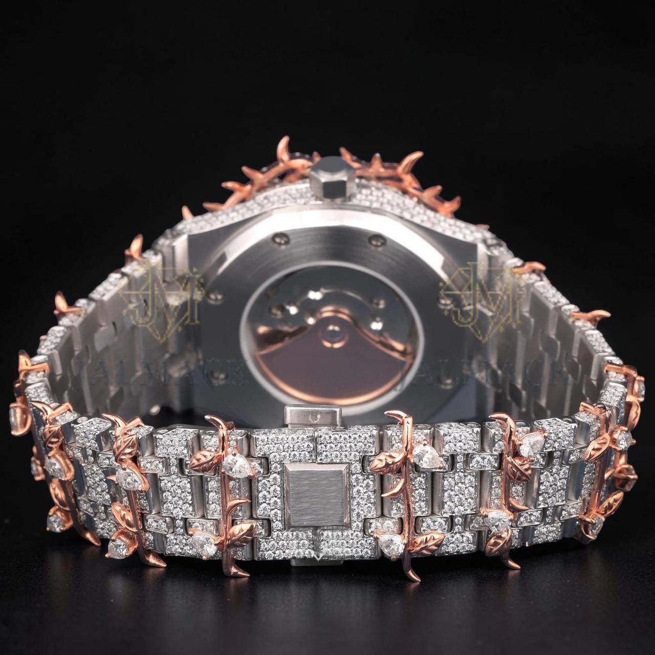 Luxury Rose Gold Thorn Moissanite Automatic Watch VVS1 D Color Fully Iced Out