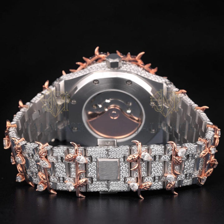 Luxury Rose Gold Thorn Moissanite Automatic Watch VVS1 D Color Fully Iced Out