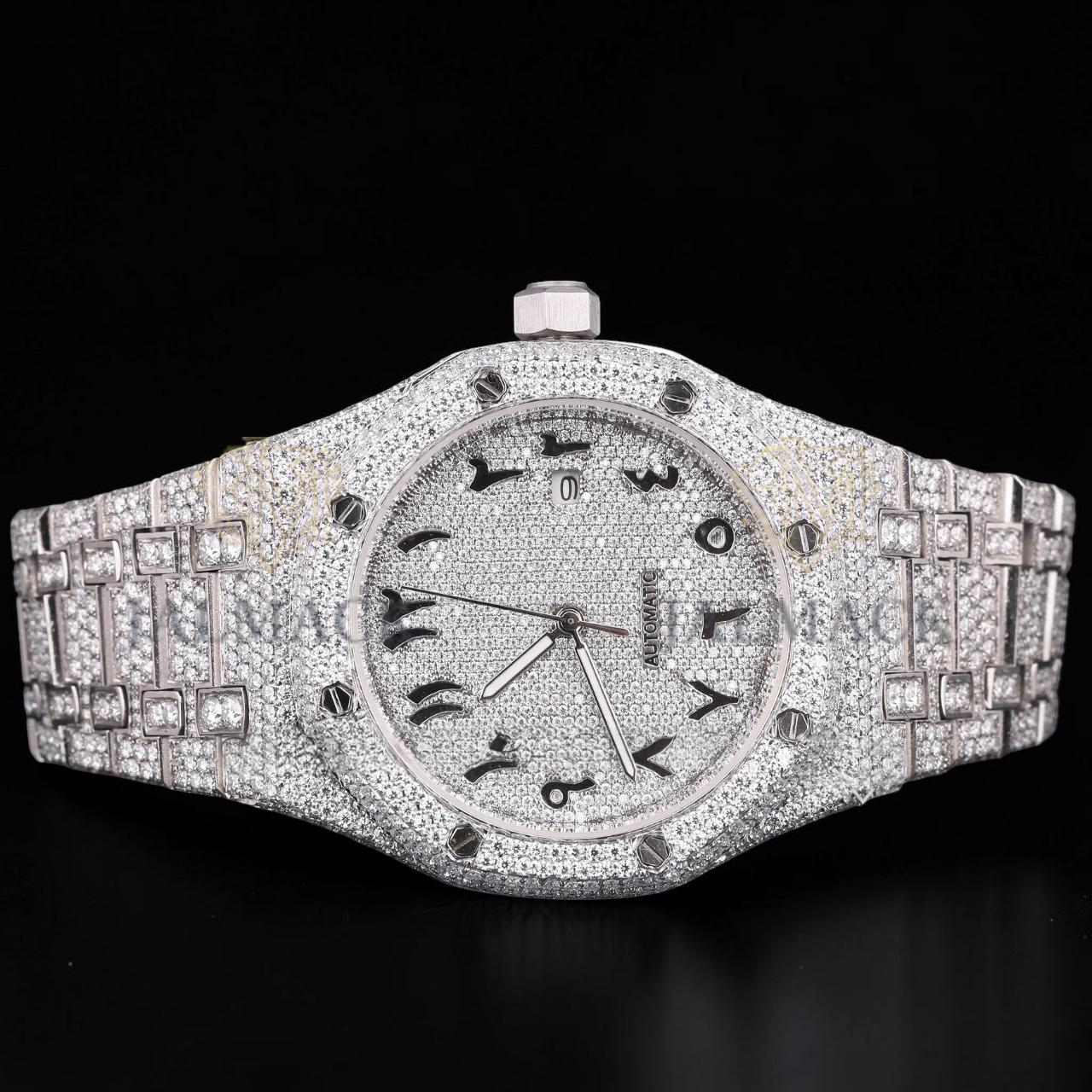 Luxury Silver Moissanite Automatic Watch VVS1 D Color Fully Iced Out
