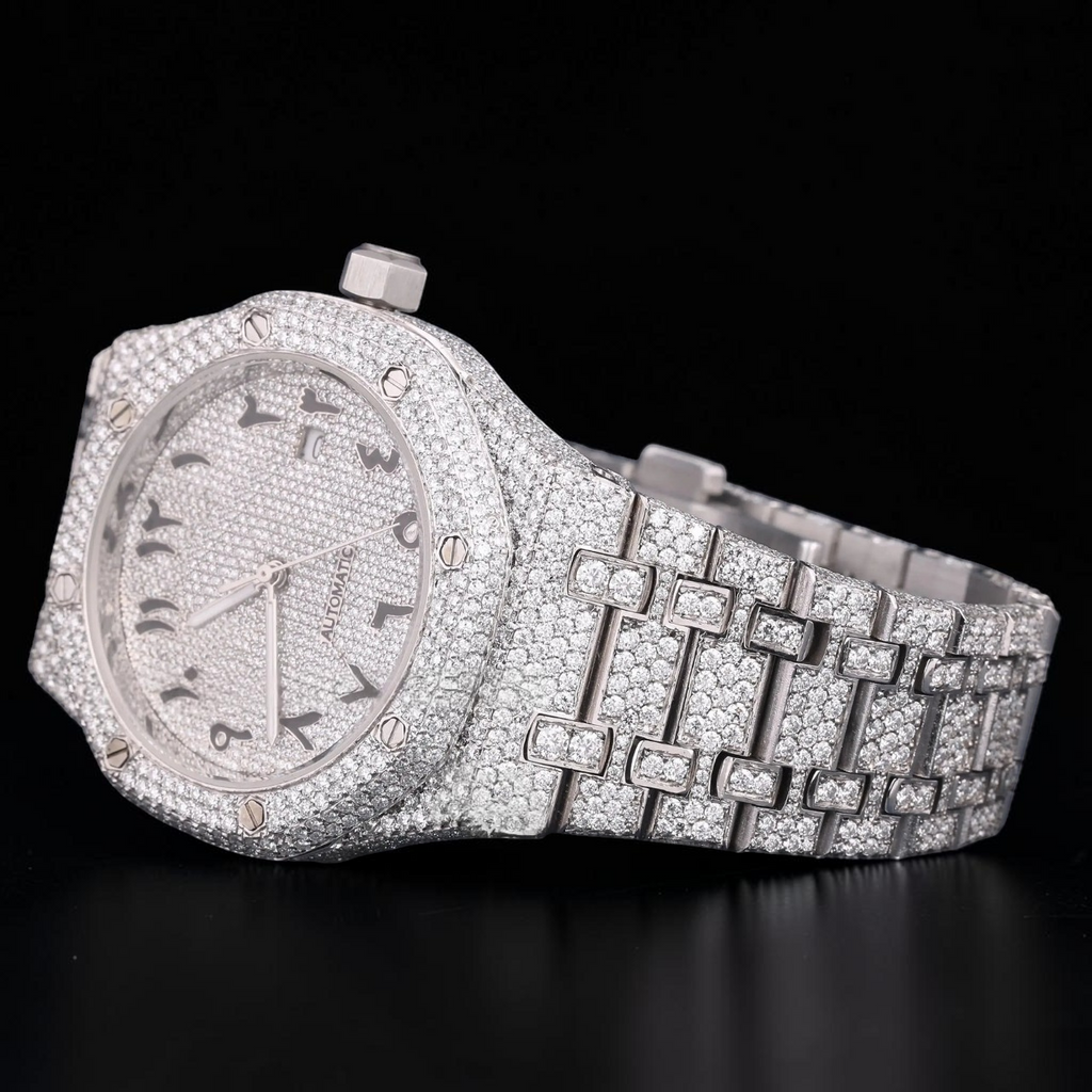 Luxury Silver Moissanite Automatic Watch VVS1 D Color Fully Iced Out
