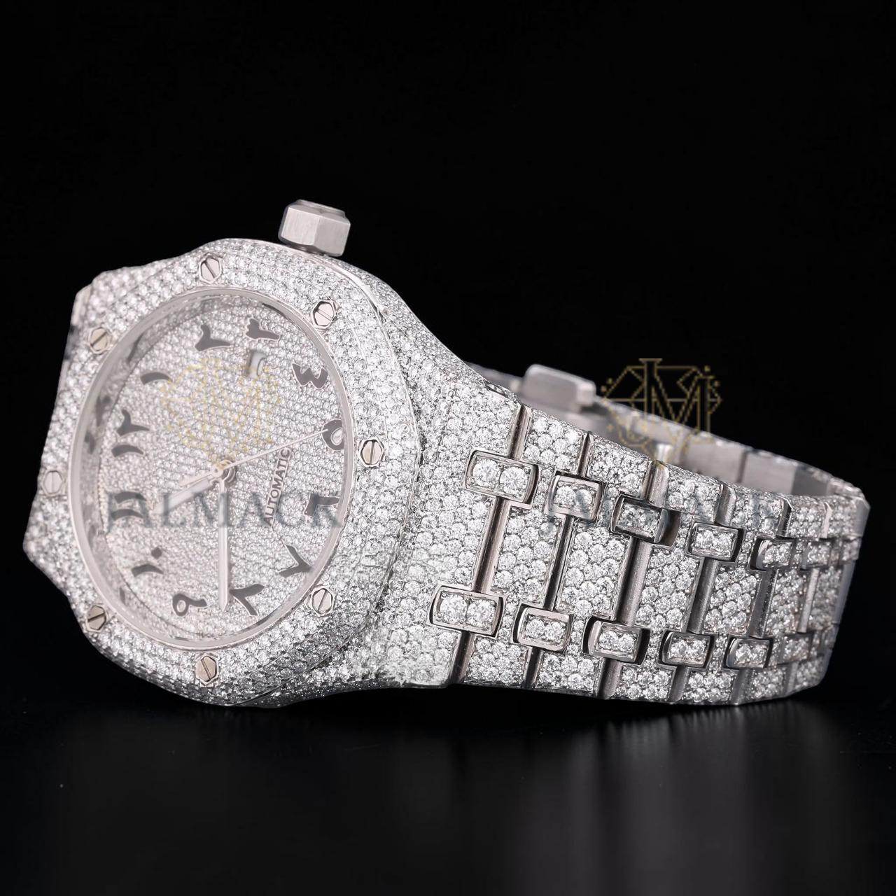 Luxury Silver Moissanite Automatic Watch VVS1 D Color Fully Iced Out
